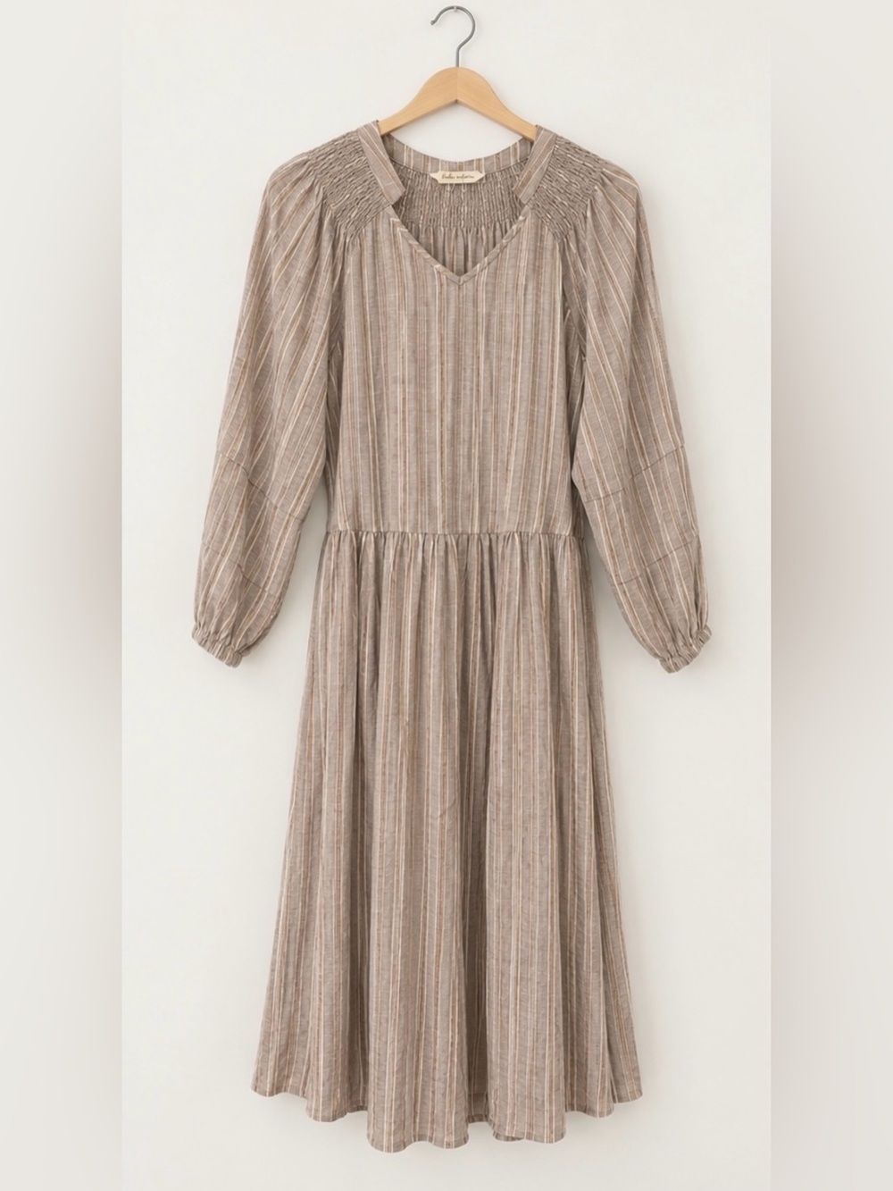 Linda Anderson Smocked Linen Blend Puff Sleeve Striped Midi Dress - Size Small